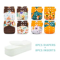 HappyFlute 8 diapers+8 Inserts Baby Cloth Diapers One Size Adjustable Washable Reusable Cloth Nappy For Baby Girls and Boys