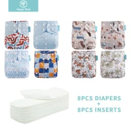 HappyFlute 8 diapers+8 Inserts Baby Cloth Diapers One Size Adjustable Washable Reusable Cloth Nappy For Baby Girls and Boys