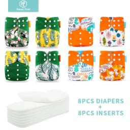 HappyFlute 8 diapers+8 Inserts Baby Cloth Diapers One Size Adjustable Washable Reusable Cloth Nappy For Baby Girls and Boys