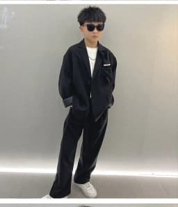 School Boys Suits Casual Blazer Wide-legged Trousers Two Piece Kids Clothes Set Khaki Loose Children Wedding Birthday Costumes