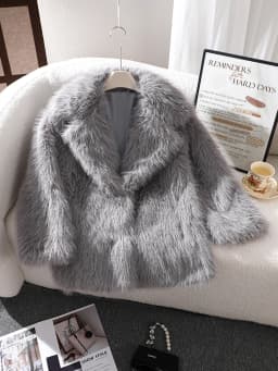 Gray Fox Fur Coat, Faux Fur Warm Coat, Eco-Friendly Fur Coat for Older Children, Warm and Windproof Coat for Boys and Girls, Mid-Length Mink Fur Coat with Double Side Pockets, Turn-Down Collar, Fashionable Commuter Coat, Versatile Fur Outerwear, New Autumn and Winter Model, New Year Gift Fur Coat