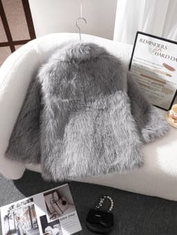 Gray Fox Fur Coat, Faux Fur Warm Coat, Eco-Friendly Fur Coat for Older Children, Warm and Windproof Coat for Boys and Girls, Mid-Length Mink Fur Coat with Double Side Pockets, Turn-Down Collar, Fashionable Commuter Coat, Versatile Fur Outerwear, New Autumn and Winter Model, New Year Gift Fur Coat