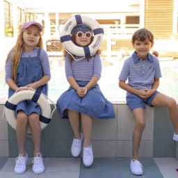 AP SS26 blue denim collection kids boys girls spring summer fashion jeans pleated skirt jumper shirt family clothing clothes