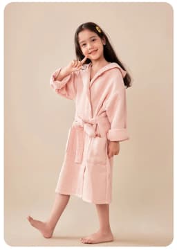100% Cotton Waffle Kids Hooded Bathrobe Thick Soft Belted Homewear Sleepwear for Girls Boys Bear Solid Design