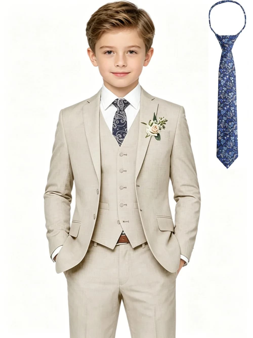 Boys Summer Linen Suit Set 4 Pieces Wedding Ring Bearer Outfit Notched Lapel Kids Slim Fit Tuxedo For Piano Perfromace 3-14T