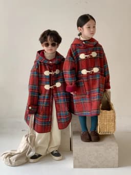 Korea Winter Children Girl Overcoat Cotton Red Plaid Horn Button Kid Baby Girl Outerwear Thicken Warm Toddler Girl Hooded Jacket