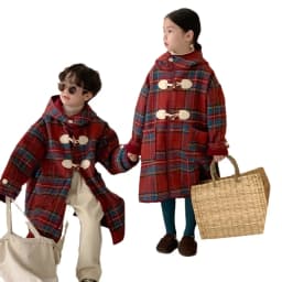 Korea Winter Children Girl Overcoat Cotton Red Plaid Horn Button Kid Baby Girl Outerwear Thicken Warm Toddler Girl Hooded Jacket