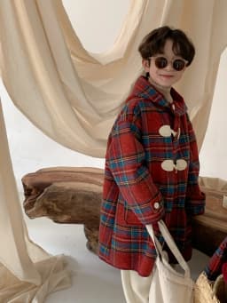 Korea Winter Children Girl Overcoat Cotton Red Plaid Horn Button Kid Baby Girl Outerwear Thicken Warm Toddler Girl Hooded Jacket