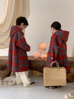 Korea Winter Children Girl Overcoat Cotton Red Plaid Horn Button Kid Baby Girl Outerwear Thicken Warm Toddler Girl Hooded Jacket