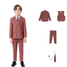 Flower Boys Blue 5Pieces/Set Jacket Vest Pants Tie Brooch Wedding Dress Kids Ceremony Costume Children Birthday Outfit Suit