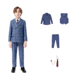 Flower Boys Blue 5Pieces/Set Jacket Vest Pants Tie Brooch Wedding Dress Kids Ceremony Costume Children Birthday Outfit Suit