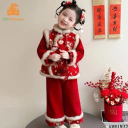 Girls Hanfu Suits Winter Children Tangsuit Traditional Chinese New Year Customes Kids Thicken Warm Red Coat+Pants 2 Pieces Sets