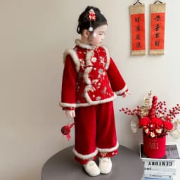 Girls Hanfu Suits Winter Children Tangsuit Traditional Chinese New Year Customes Kids Thicken Warm Red Coat+Pants 2 Pieces Sets