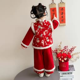 Girls Hanfu Suits Winter Children Tangsuit Traditional Chinese New Year Customes Kids Thicken Warm Red Coat+Pants 2 Pieces Sets