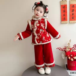 Girls Hanfu Suits Winter Children Tangsuit Traditional Chinese New Year Customes Kids Thicken Warm Red Coat+Pants 2 Pieces Sets