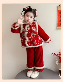 Girls Hanfu Suits Winter Children Tangsuit Traditional Chinese New Year Customes Kids Thicken Warm Red Coat+Pants 2 Pieces Sets