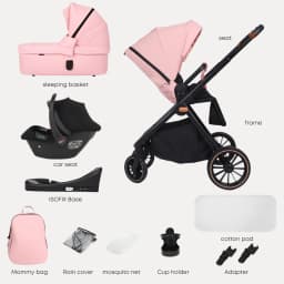 Pink Multifunctional Baby Stroller Travel System Lightweight Frame Folding Gray with Car Seat Carrycot - Easy to Carry