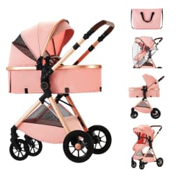 Foldable Infant Pram with Large Basket, Zippered Canopy & Adjustable Handle, 2-in-1 Baby Carriage for Daily Walks