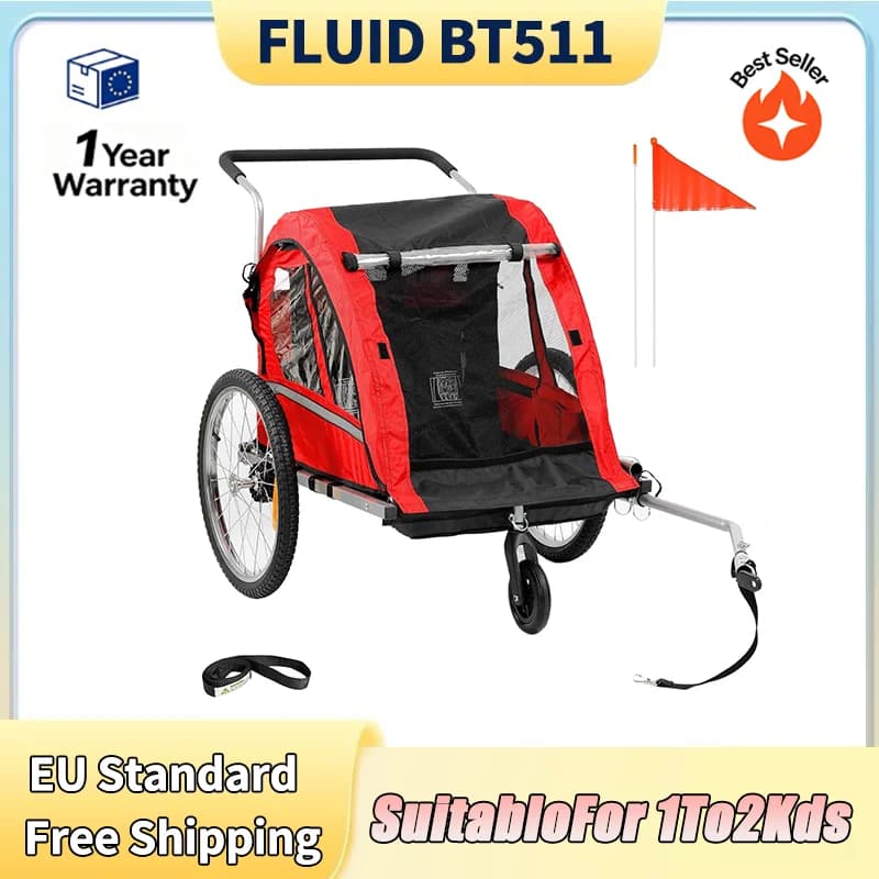 FLUID BT511 Children's Bicycle Trailer Breathable Safe Foldable Suitable for All Bicycles Convenient Storage Suitable for Children Aged 1-2 Children's Bicycle Trailer Shock Absorbing Tires