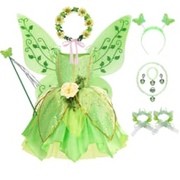Muababy Tinker Bell Style Fairy Gown for Girls with Glitter Wings Flower Elf Costume Carnival Party Outfit Kids Toddler 2-8Y