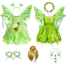 Muababy Tinker Bell Style Fairy Gown for Girls with Glitter Wings Flower Elf Costume Carnival Party Outfit Kids Toddler 2-8Y