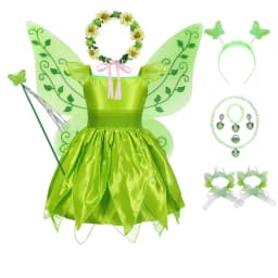 Muababy Tinker Bell Style Fairy Gown for Girls with Glitter Wings Flower Elf Costume Carnival Party Outfit Kids Toddler 2-8Y