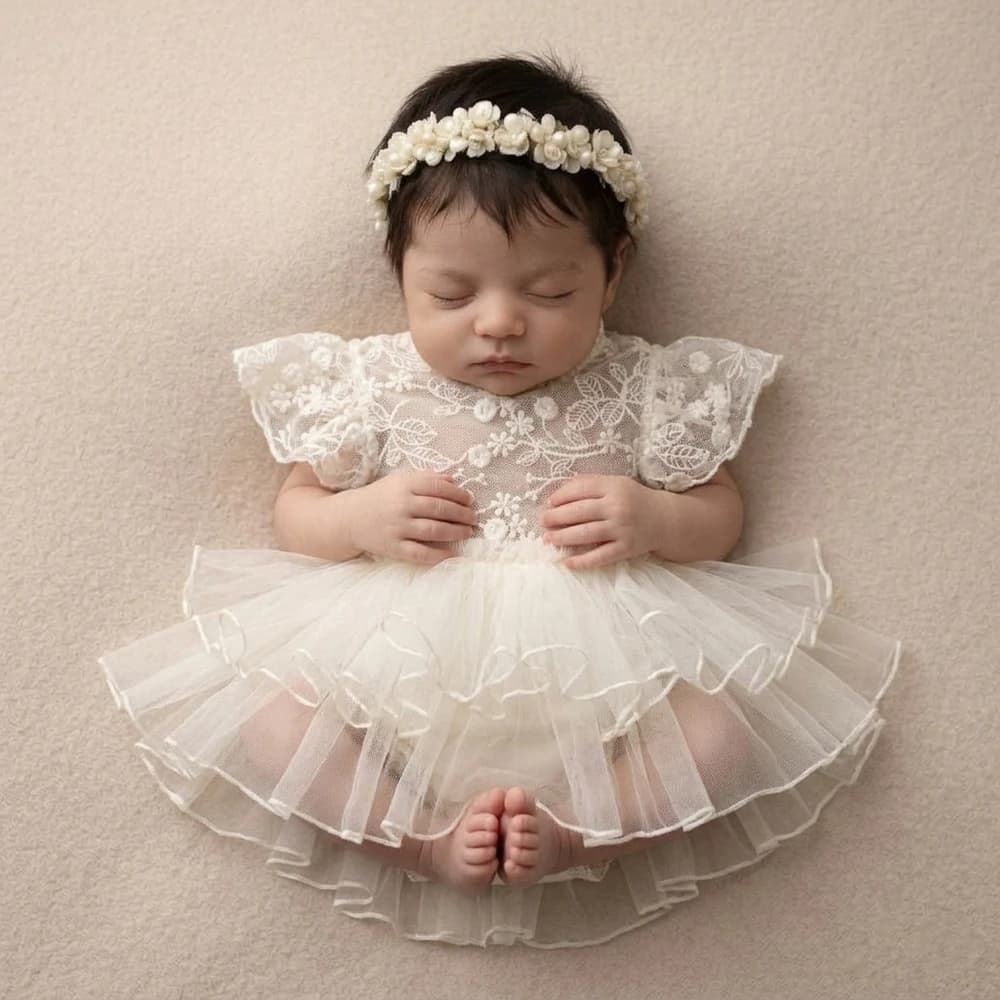 Vintage Newborn Photography Props Cream Lace Romper Ruffle Skirt Infant Photoshoot Costume Princess Studio Wardrobe
