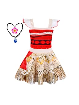 Girls Hawaiian Moana Outfit Set Flower Necklace Kids Beach Holiday Carnival Halloween Tropical Island Cosplay Party Dresses
