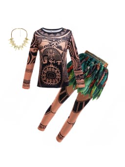 Girls Hawaiian Moana Outfit Set Flower Necklace Kids Beach Holiday Carnival Halloween Tropical Island Cosplay Party Dresses