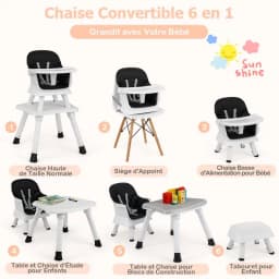 6 in 1 Baby High Chair Convertible Baby Feeding Chair Dining Room Booster Seat Table and Chair Set Black