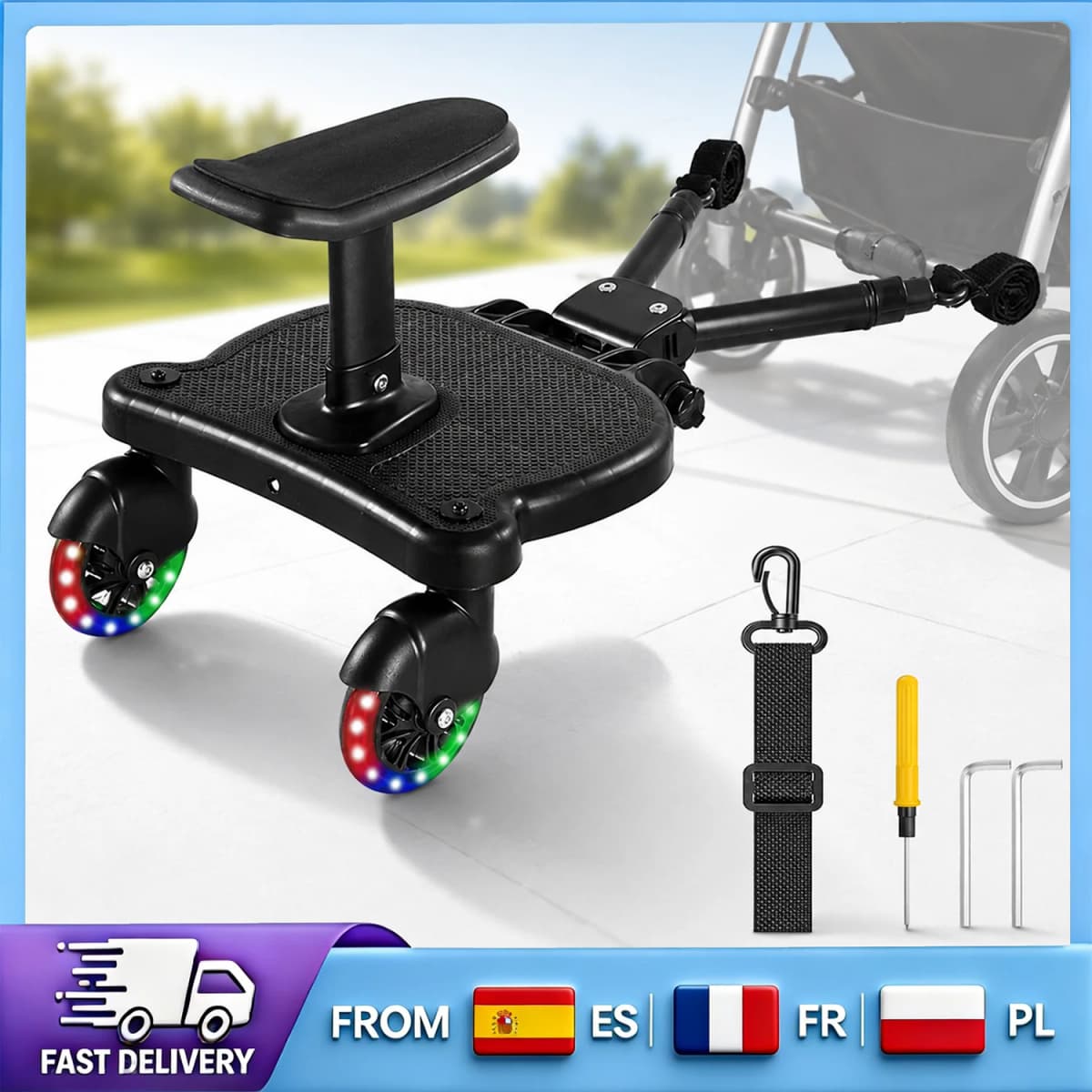 Universal Stroller Board with Detachable Seat, Adjustable Connect Rod Sit & Stand Toddler Glider Board, for Most Baby Strollers
