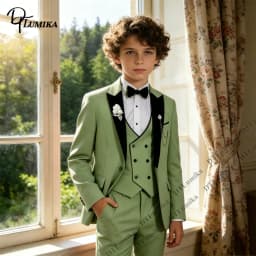 Sage Green Boys 3Pcs Suit Velvet Lapel Jacket Vest Pants Toddler Page Boy Outfit 3T-14T Wedding Birthday Graduation Costume