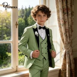 Sage Green Boys 3Pcs Suit Velvet Lapel Jacket Vest Pants Toddler Page Boy Outfit 3T-14T Wedding Birthday Graduation Costume