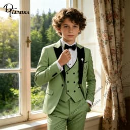 Sage Green Boys 3Pcs Suit Velvet Lapel Jacket Vest Pants Toddler Page Boy Outfit 3T-14T Wedding Birthday Graduation Costume