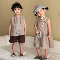 2026 Summer New Children Sleeveless Clothes Set Boys Striped Tops + Shorts 2pcs Suit Girls Vest Dress Brother Sisters Outfit