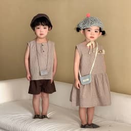 2026 Summer New Children Sleeveless Clothes Set Boys Striped Tops + Shorts 2pcs Suit Girls Vest Dress Brother Sisters Outfit