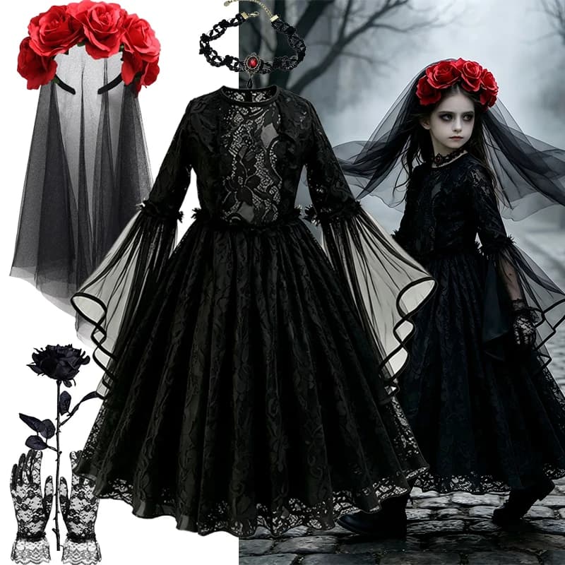 Girls Gothic Black Lace Costume Long Flare Sleeve Tulle Dress Red Rose Veil Kids Halloween Ghost Bride Cosplay For Photo Shoot