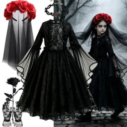 Girls Gothic Black Lace Costume Long Flare Sleeve Tulle Dress Red Rose Veil Kids Halloween Ghost Bride Cosplay For Photo Shoot