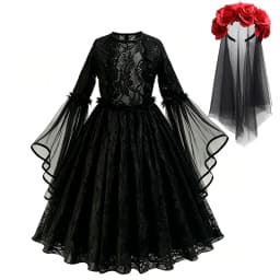 Girls Gothic Black Lace Costume Long Flare Sleeve Tulle Dress Red Rose Veil Kids Halloween Ghost Bride Cosplay For Photo Shoot