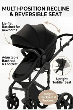 Convertible Baby Pram 3 in 1 Stroller Pushchair Travel System Lightweight High Landscape Design Reversible Seat Comfortable Reclining Backrest Large Sun Canopy Smooth Suspension Wheels for Newborn with 6 Free Gifts