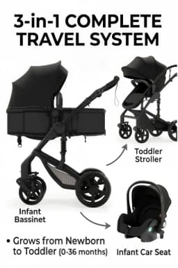 Convertible Baby Pram 3 in 1 Stroller Pushchair Travel System Lightweight High Landscape Design Reversible Seat Comfortable Reclining Backrest Large Sun Canopy Smooth Suspension Wheels for Newborn with 6 Free Gifts