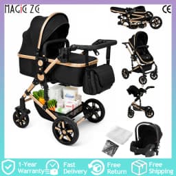 Convertible Baby Pram 3 in 1 Stroller Pushchair Travel System Lightweight High Landscape Design Reversible Seat Comfortable Reclining Backrest Large Sun Canopy Smooth Suspension Wheels for Newborn with 6 Free Gifts