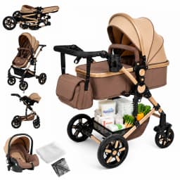 Convertible Baby Pram 3 in 1 Stroller Pushchair Travel System Lightweight High Landscape Design Reversible Seat Comfortable Reclining Backrest Large Sun Canopy Smooth Suspension Wheels for Newborn with 6 Free Gifts