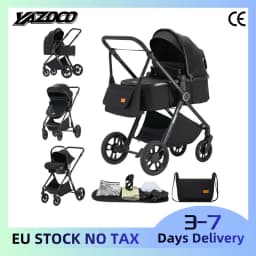3‑in‑1 Travel‑Friendly High View Baby Stroller, Comes with Infant Safety Car Seat. Adopts light‑weight rust‑resistant aluminum alloy support structure. Equipped with skin‑friendly breathable mesh cushion for hot summer. One‑step effortless folding