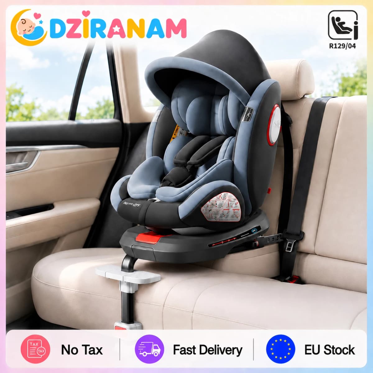 ISOFIX Child Safety Seat with Top Tether Alarm 5-Point Harness and Side Impact Protection I-Size R129 40-150cm Car Seat 360° Swivel Reinforced Shell Adjustable Headrest 4 Recline Positions for Baby Toddler Kids