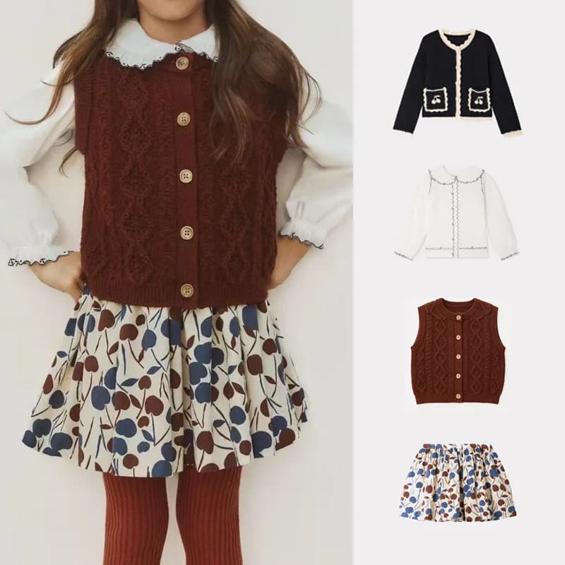 Pre-sale(ship September) 2026 BP Vest Autumn Baby Girls Print Dress Handmade Crochet Cardigan for Girls Kids Shirts & Skirts Set