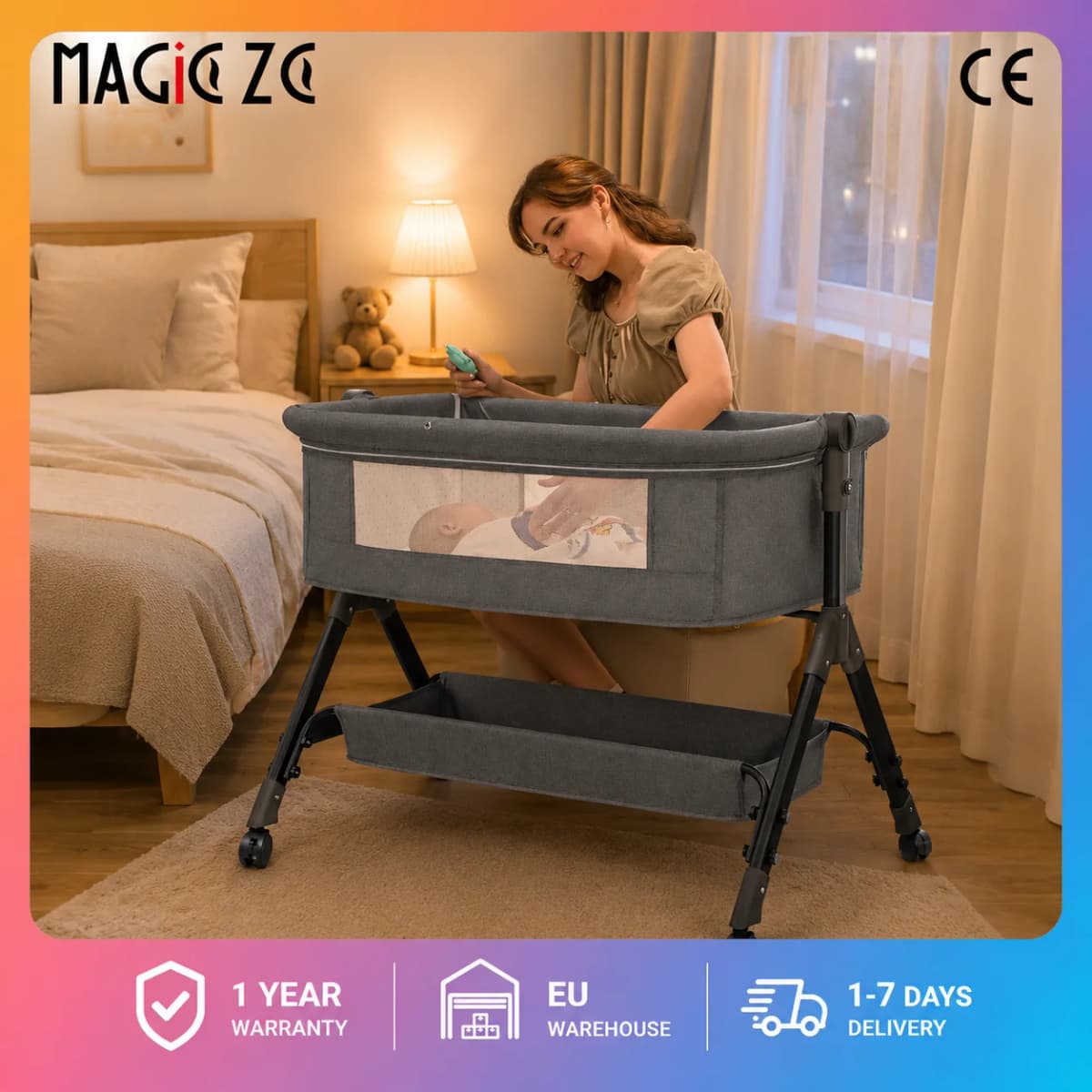 Multifunctional Baby Crib Convertible Toddler Bed Portable Infant Cradle Bassinet Co Sleeper Spliced Large Bed Next to Me Crib Anti Choking Milk 5 Tilt Spinal Protection Newborn Sleep Shaker Cot with Mattress Mosquito Net Wheels