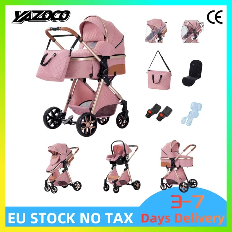 Latest All-Round 3-in-1 High Landscape Four-Wheel Shockproof Baby Stroller Portable Foldable Infant Pram, Bonus Removable Breathable Matching Mosquito Net Included For Newborns From Birth