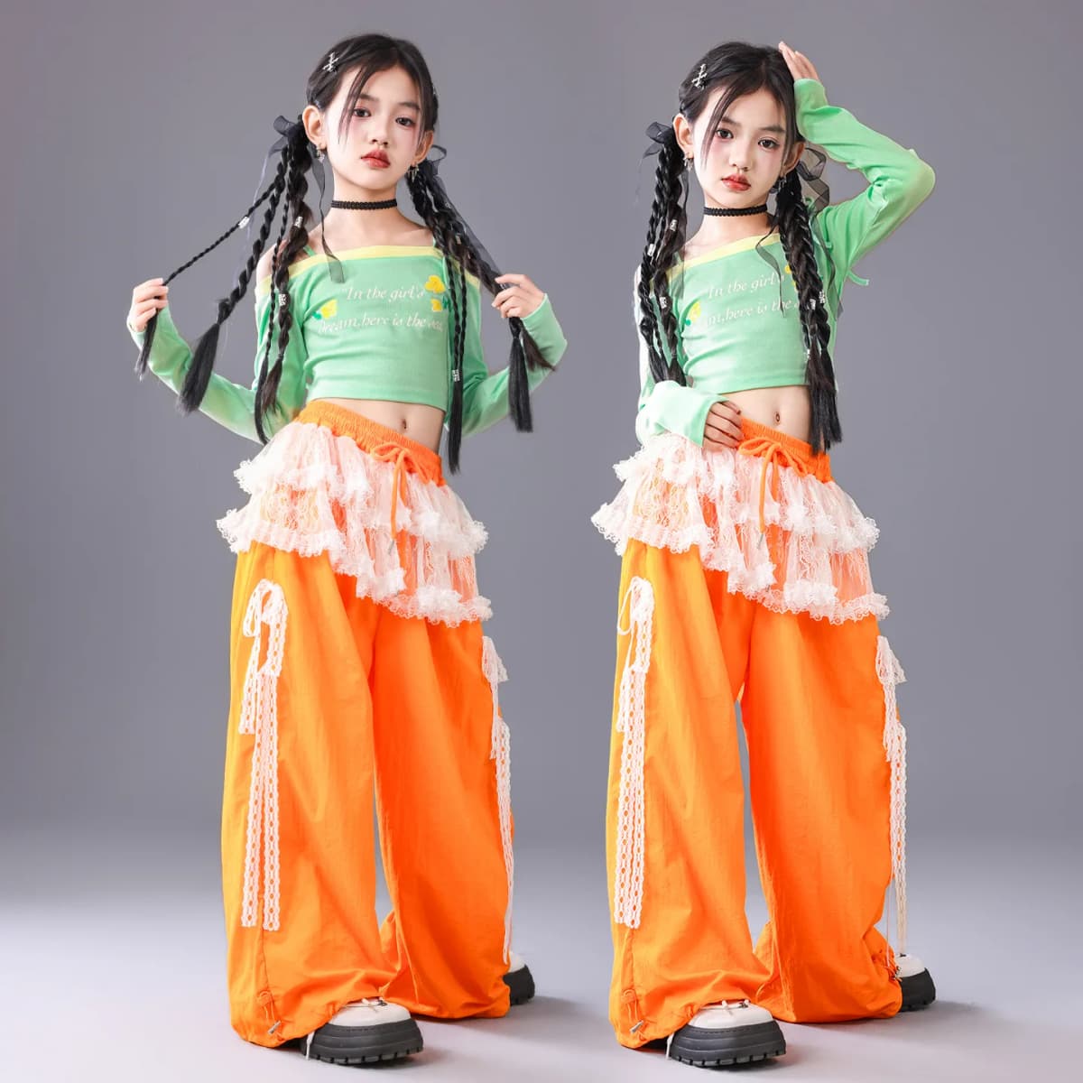 Girl Clothing Off Shoulder Top Lace Pants Hip Hop Jazz Dance Costumes Practice Street Dance Wear Performance Clothes