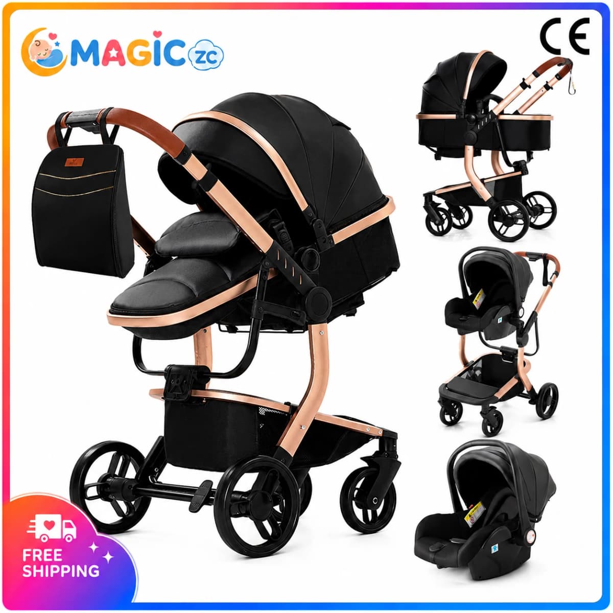 3 in 1 Newborn Pram Pushchair Travel System with Car Seat Reversible Foldable Baby Stroller Carrycot Aluminium Frame EVA Wheels PU Leather Handle High Landscape Baby Carriage with Canopy Foot Cover Large Shopping Basket